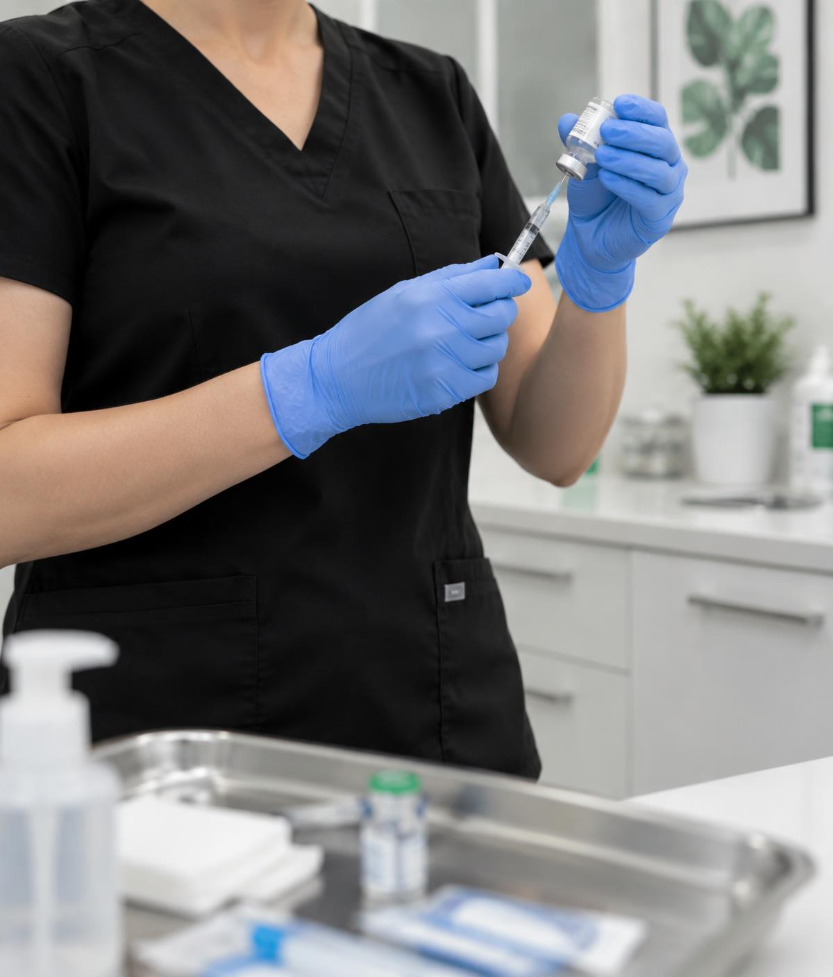 A clinician in black scrubs and blue gloves preparing a syringe from a medication vial in a clinic
